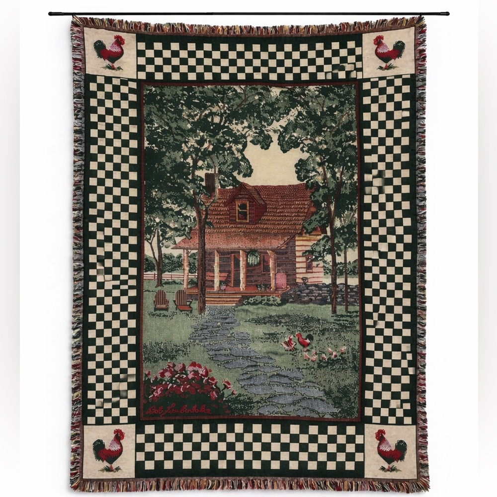 Bob Timberlake Country Cabin Tapestry Throw Blanket Rooster Cottage 100% Cotton